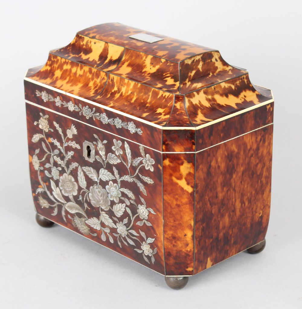 Fine casket shaped well figured tortoiseshell and engraved mother of pearl inlaid tea caddy  View II