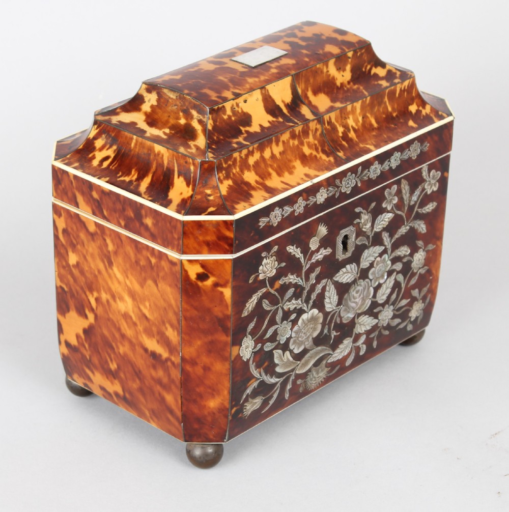 Fine casket shaped well figured tortoiseshell and engraved mother of pearl inlaid tea caddy  View III