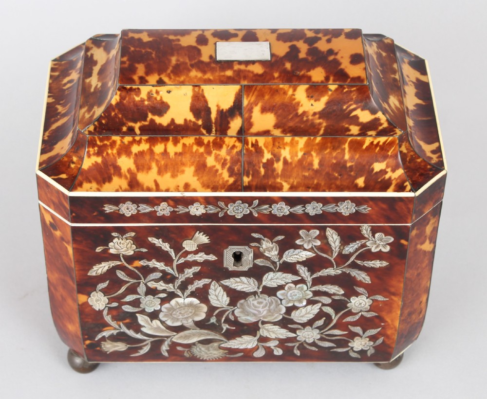 Fine casket shaped well figured tortoiseshell and engraved mother of pearl inlaid tea caddy  View IV