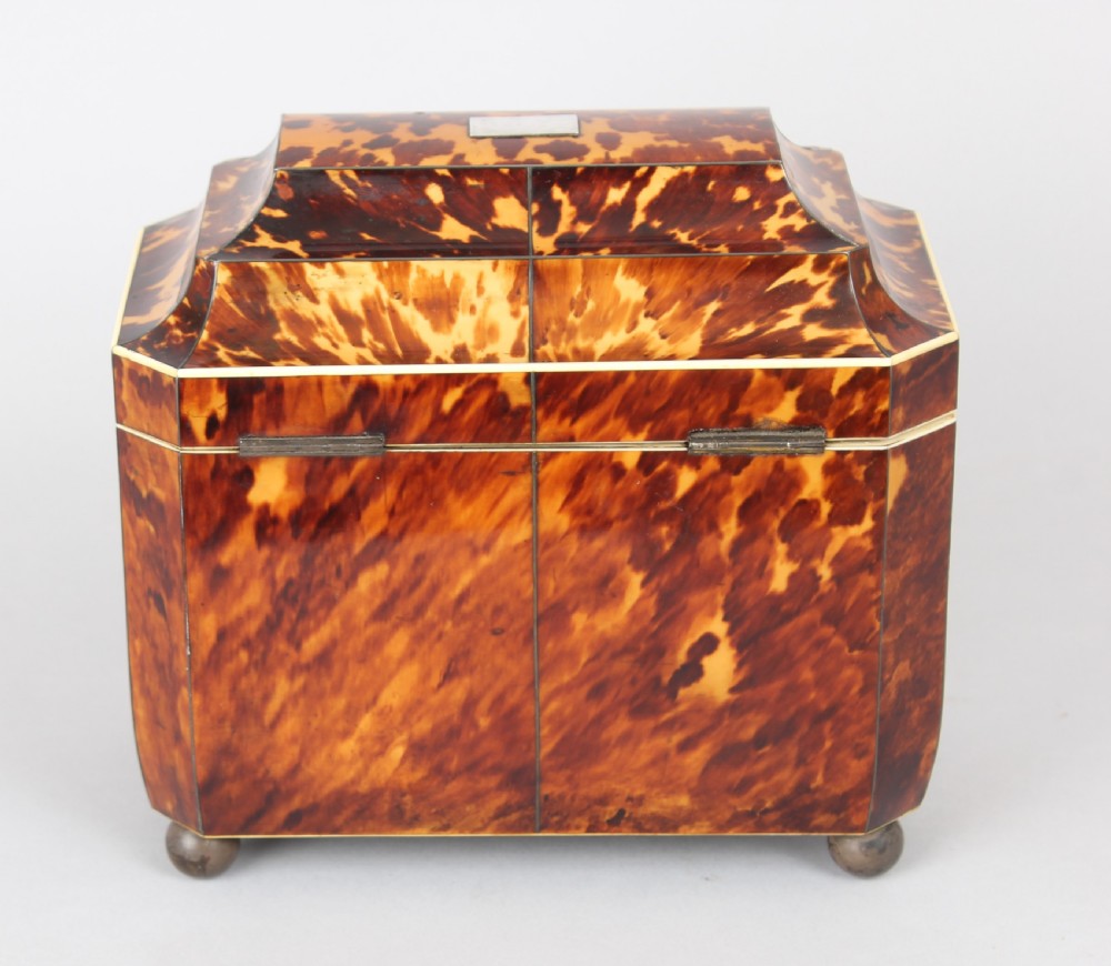 Fine casket shaped well figured tortoiseshell and engraved mother of pearl inlaid tea caddy  View V
