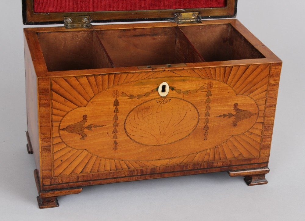A George III rectangular satinwood tea caddy featuring marquetry oval medallions, fan patterns, a brass top handle, and bracket feet. View III