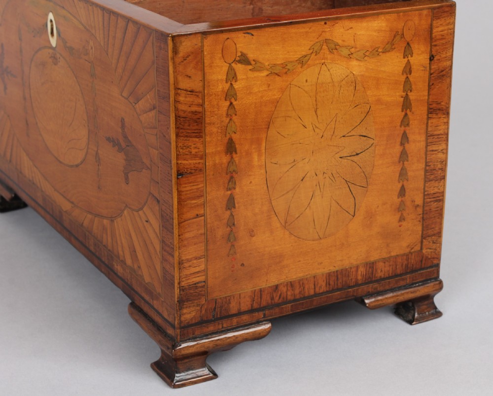 A George III rectangular satinwood tea caddy featuring marquetry oval medallions, fan patterns, a brass top handle, and bracket feet. View V