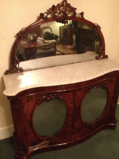 Antique Burr Walnut Victorian Marble Topped Credenza