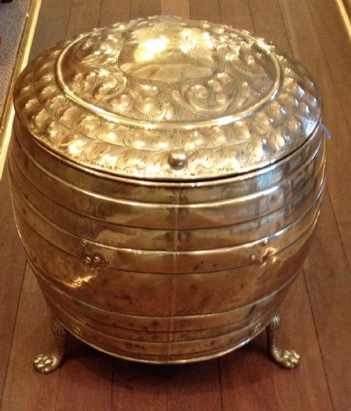 Antique Victorian Solid Brass Log Bin with Lid and Liner