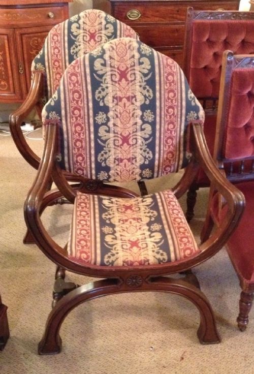 Antique Pair of Victorian X Frame Armchairs Circa 1880