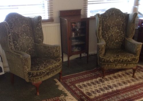 Georgian Style Wing Backed Armchair in Green Cut Velvet Circa 1920