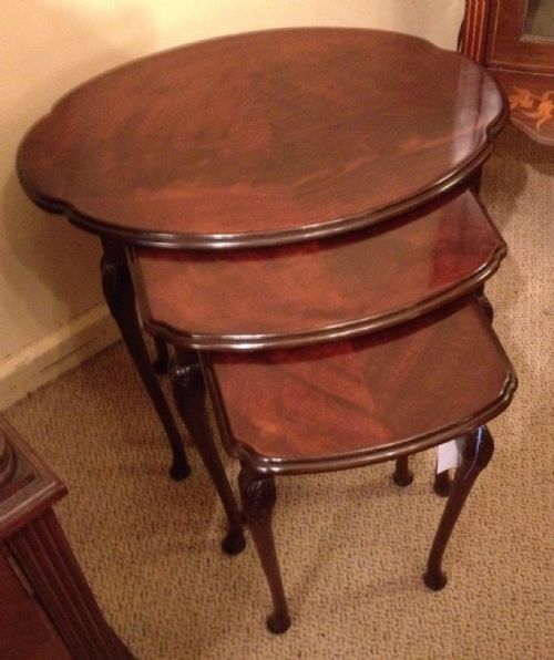 Mahogany Nest of Three Tables with Figured Mahogany Tops. Repolshed