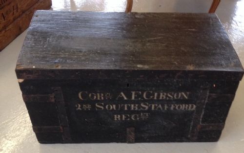 fig 1. Antique Iron bound travelling trunk belonging to corporal A E Gibson