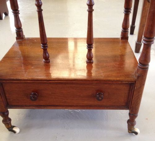 fig 1. Victorian mahogany Canterbury whatnot with galleried top on turned supports