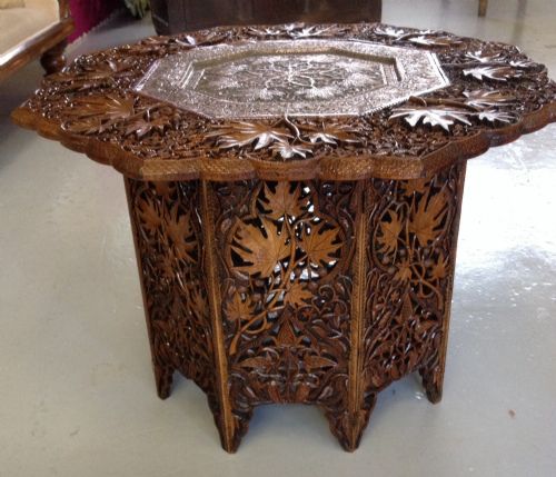 fig 1. Antique Anglo Indian carved octagonal table with copper inset