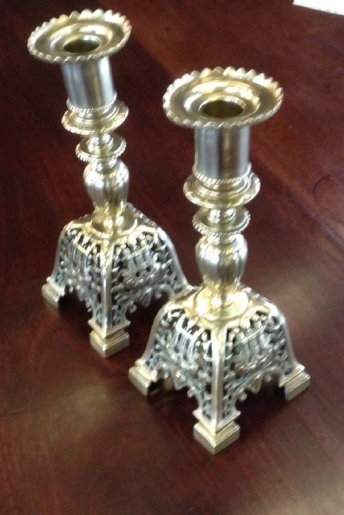 fig 1. A pair of nineteenth century brass Arts and Crafts candlesticks
