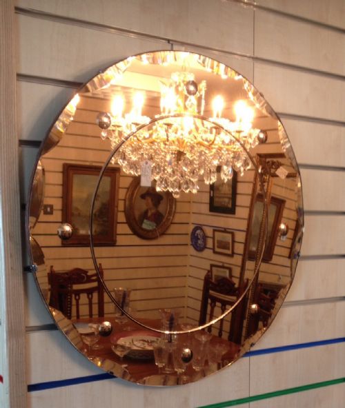 Art Deco Peach Glass Beveled Circular Mirror