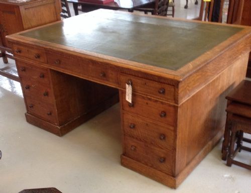 Victorian Solid Oak Twin Pedestal London Made Partners Desk with Leather Top