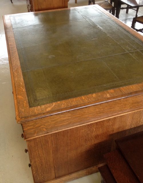fig 1. Victorian solid oak twin pedestal London made partners desk with leather top