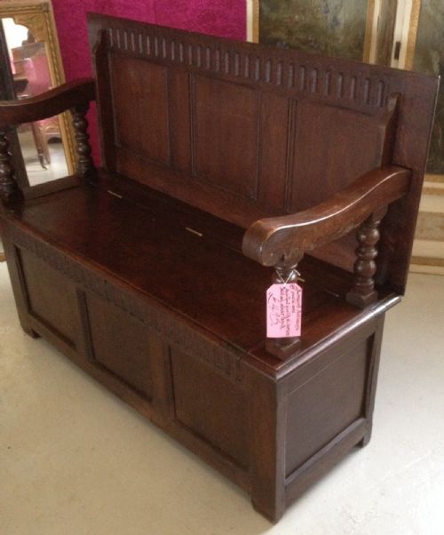 fig 1. Antique Victorian oak monks bench with original finish circa 1880