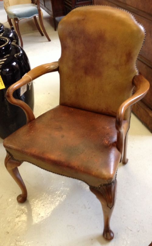 Leather Desk Chair with Crook Arms and Carved Cabriole Legs Circa 1920