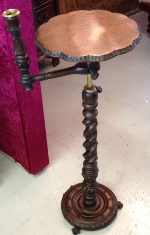 Victorian Carved Oak Adjustable Wine Table with Candle Holder  Circa 1890