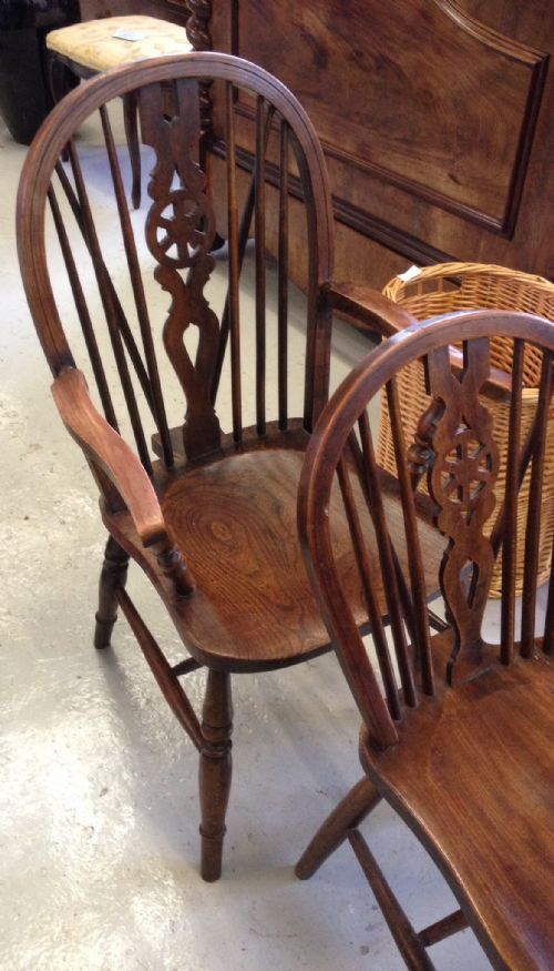 fig 1. Set of 4 elm seated kitchen Windsor chairs including one carver chair