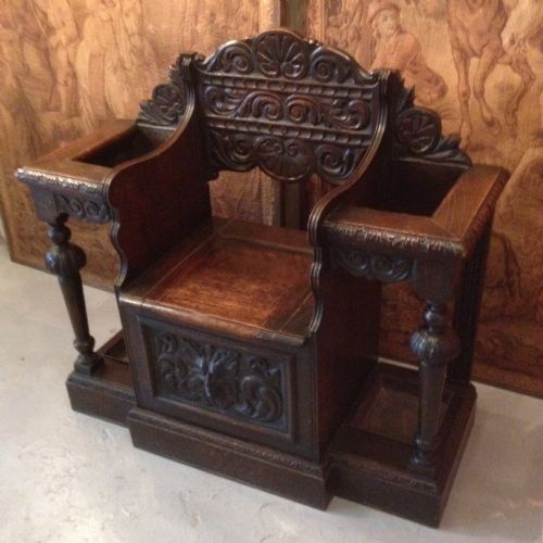 Victorian Carved Oak Hall Seat Flanked by Stick Stands Circa 1880
