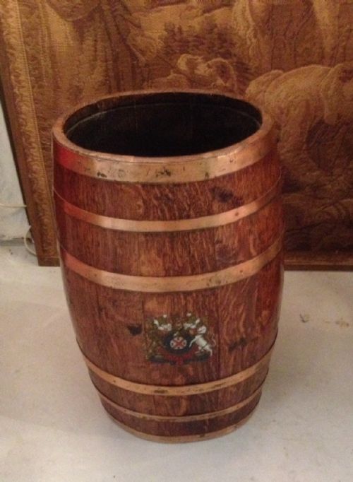 Antique Oval Oak Coopered  Stick Stand with Painted Crest