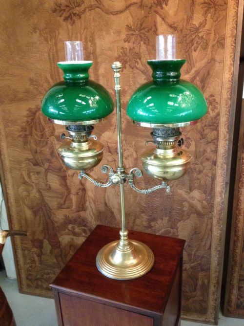 Victorian Brass Double Adjustable Oil Lamp with Original Green Shades