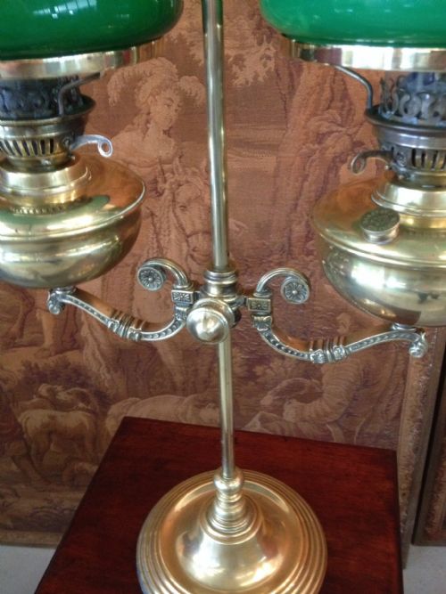 fig 1. Victorian brass double adjustable oil lamp with original green shades