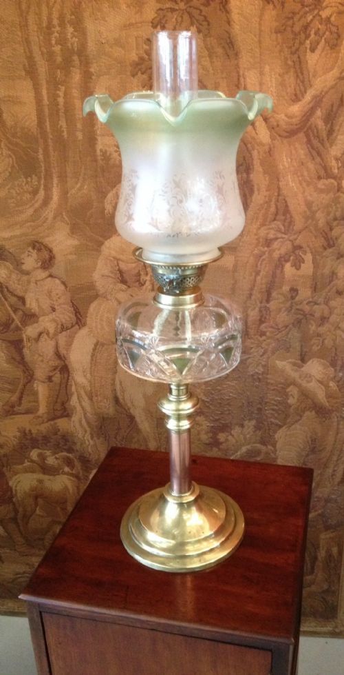 Victorian Oil Lamp with Brass and Copper Column Cut Glass Font and Etched Shade