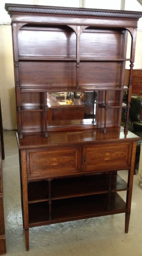 Edwardian Mahogany Inlaid Open Sideboard with Cupboard and Mirror Back