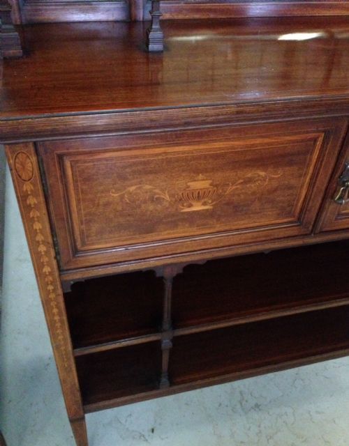 fig 1. Edwardian mahogany inlaid open sideboard with cupboard and mirror back