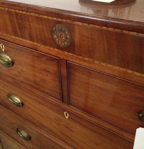 fig 1. Antique Georgian four height inlaid mahogany chest of drawers circa 1820