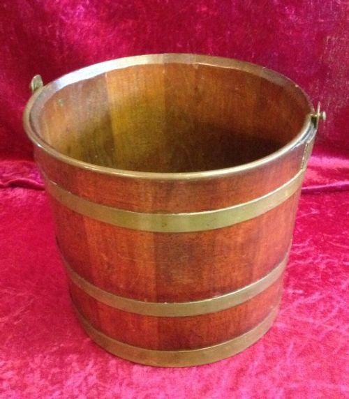 Coopered 19th Century Oak Peat or Ember Bucket with Brass Handles