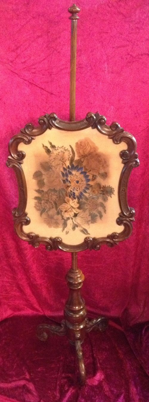 Victorian Carved Mahogany Pole Screen in Original Condition