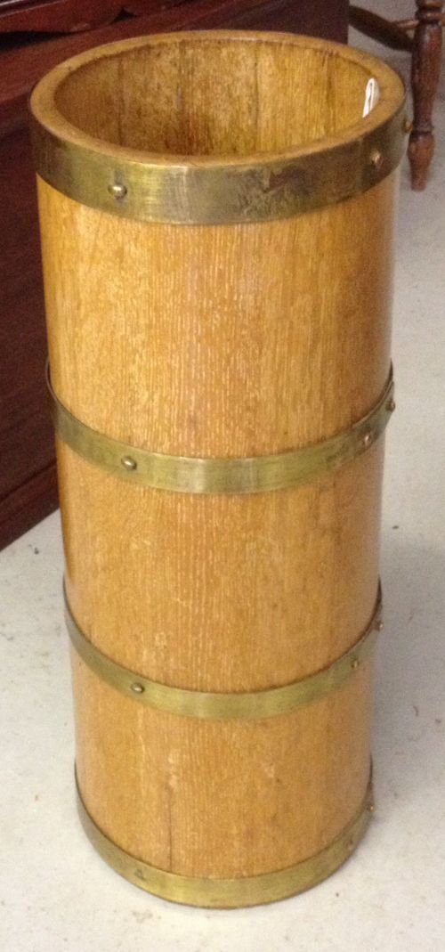 Brass Coopered Oak Spreading Cylindrical Stick Stand
