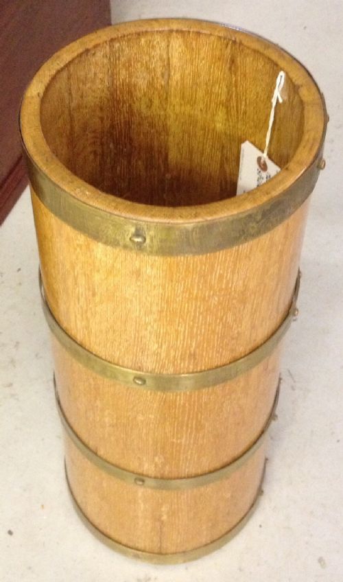 fig 1. Brass coopered oak spreading cylindrical stick stand