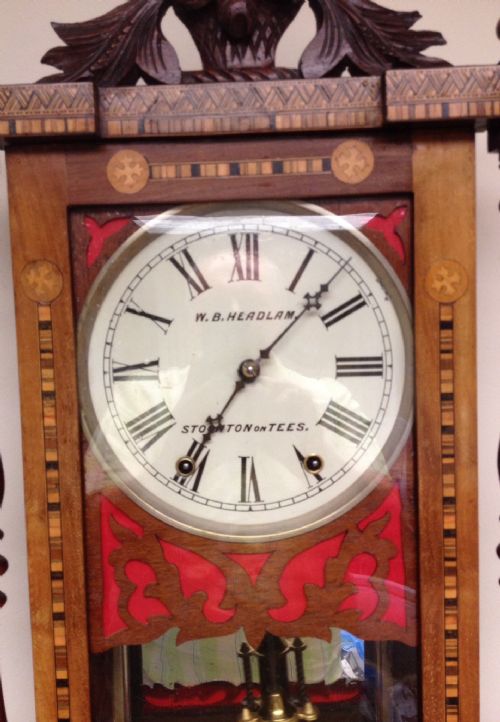fig 1. Victorian inlaid wall clock with eight day movement by W B Headlam of Stockton on Tees