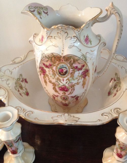 fig 1. Blush ivory Crown Jewel 8 piece toilet set in superb condition circa 1890
