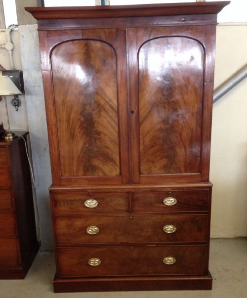 Early Victorian Clothes Press with Flame Mahogany Front