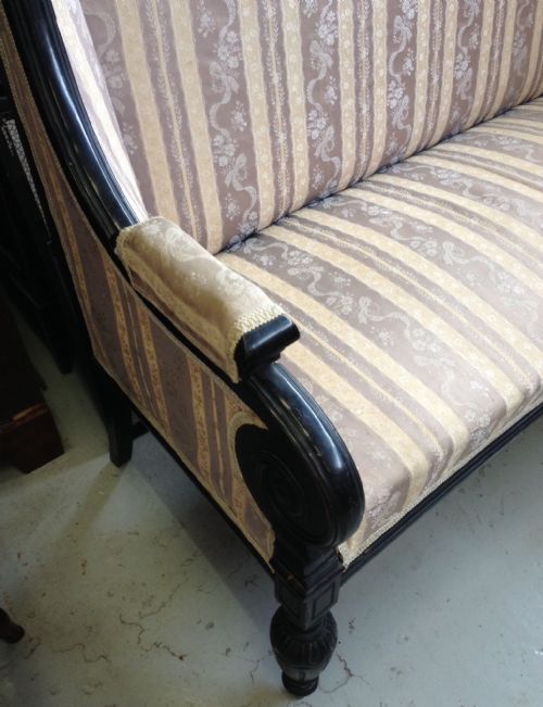 fig 1. Victorian scroll armed high backed sofa on turned legs for restoration 