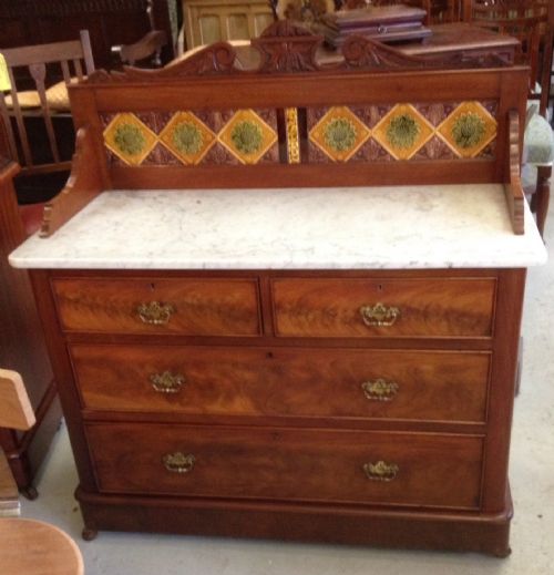 Victorian Mahogany Marble Topped Washstand with Minton Tiled Back