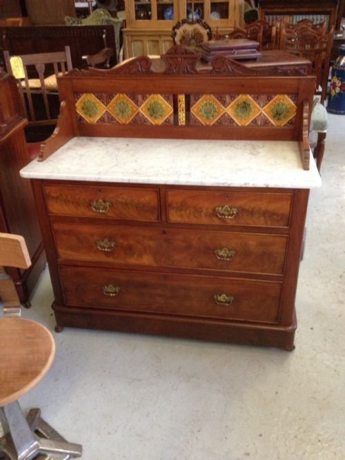 fig 1. Victorian mahogany marble topped washstand with Minton tiled back