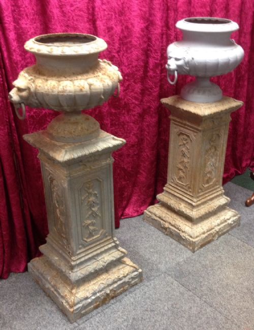 Pair of Cast Iron Late Nineteenth Century Garden Urns on Pedestals -French