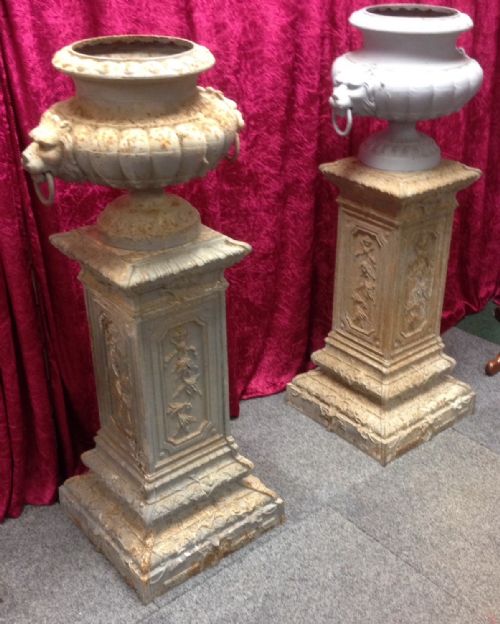 fig 1. Pair of cast iron late nineteenth century garden urns on pedestals -French