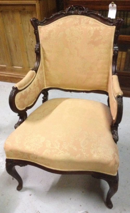 Late Victorian Rococo Style Mahogany Framed Salon Armchair