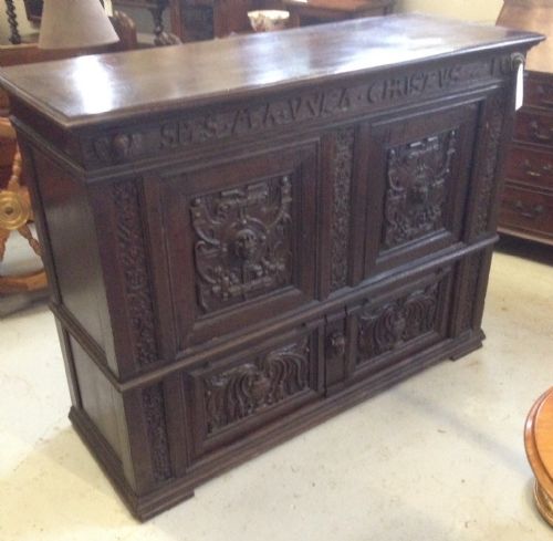 Antique Beautifully Carved Oak Ecclesiastical Cupboard Over Drawers