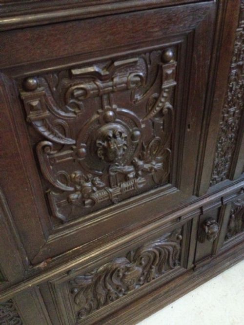 fig 1. Antique beautifully carved oak ecclesiastical cupboard over drawers