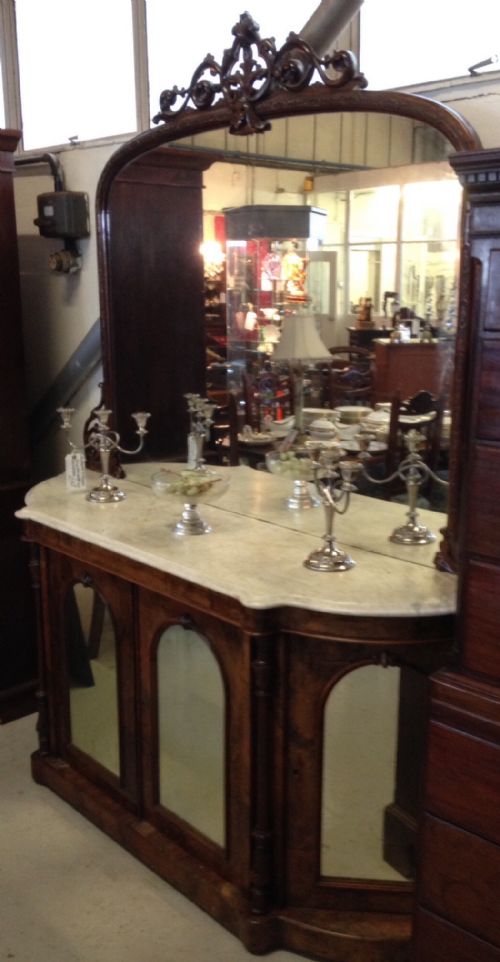 Carved Walnut Credenza White Marble Top