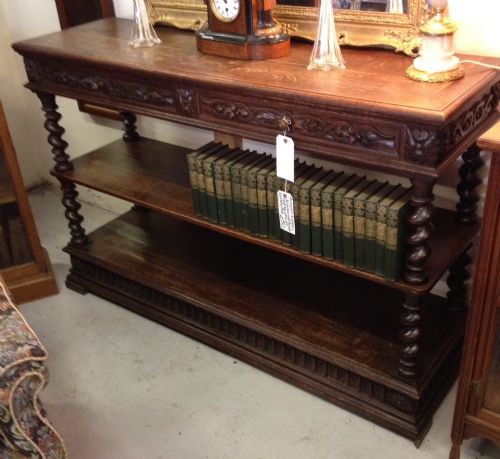 fig 1. Victorian carved oak three tier buffet with two drawers and barley twist columns 