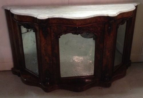 Burr Wanut Credenza with White Carrera Marble Top and Mirrored Doors