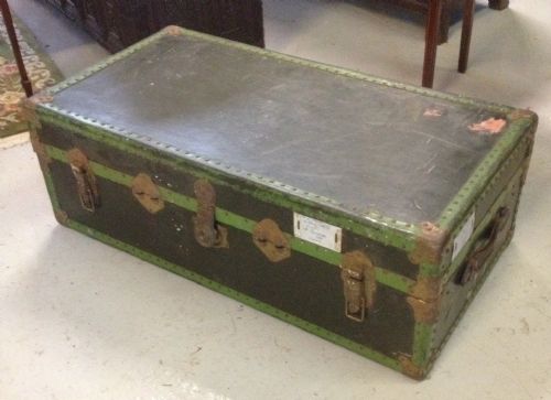 Wood and Metal Framed Trunk -Ideal Coffee Table Circa 1920