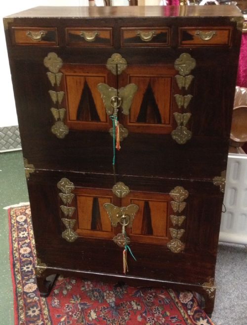 Inlaid Chinese Cabinet in Three Sections Decorative Brass Work